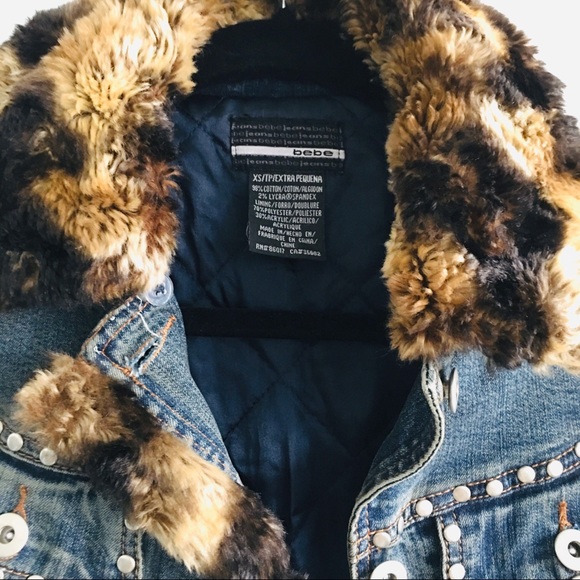 Bebe studded denim Jacket with faux fur collar - Picture 3 of 8
